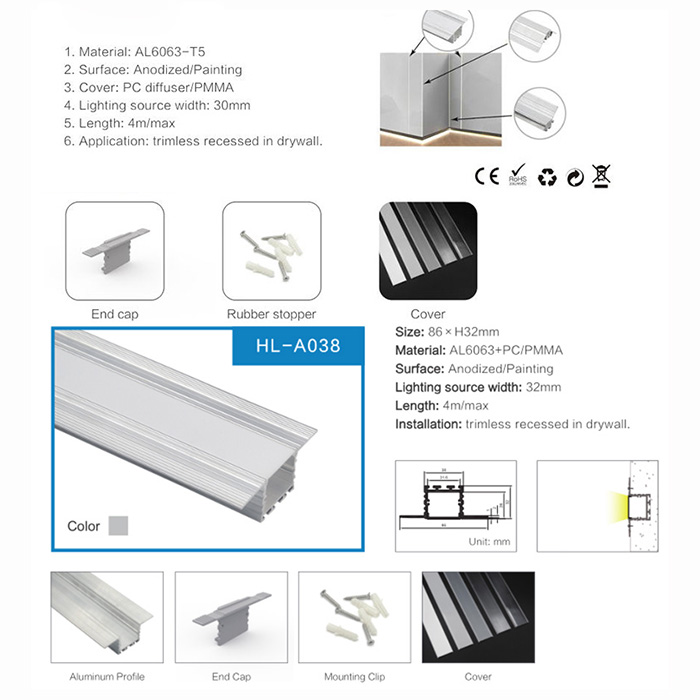 HL-A038 Aluminum Profile - Inner Width 31.6mm(1.24inch) - LED Strip Anodizing Extrusion Channel, For LED Strip Lights